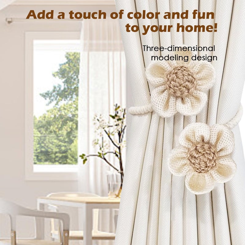 SRG Rope Curtain Tiebacks 2 Pack | Sunflower Curtain Tieback Boho | Simple Elegant DIY Curtain Holdbacks | Accessories Wall Decoration for Home Office（Cream） - Image 2